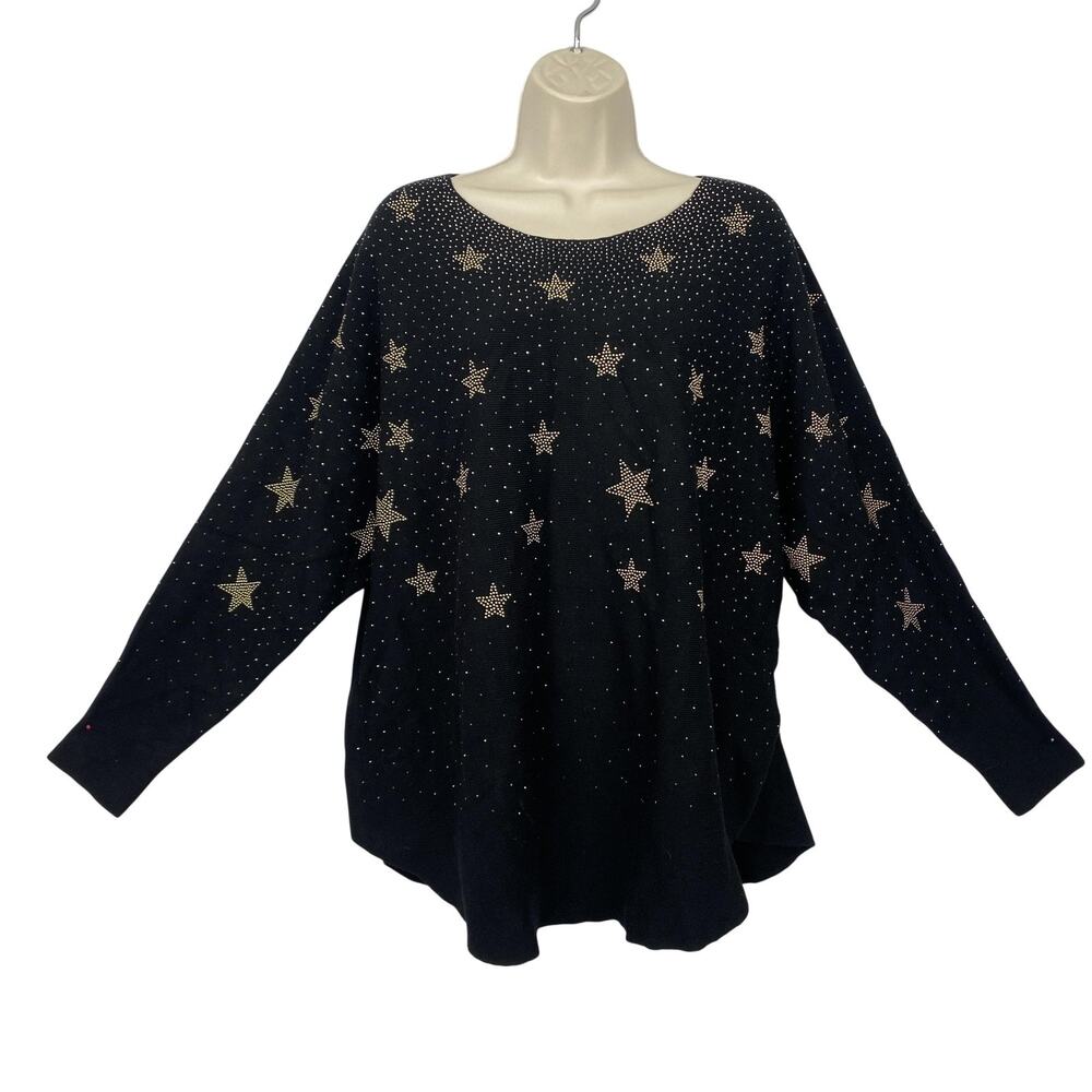 Adrienne Vittadini Sweater 1X Black Star‎ Studded Rhinestone New Years Patriotic